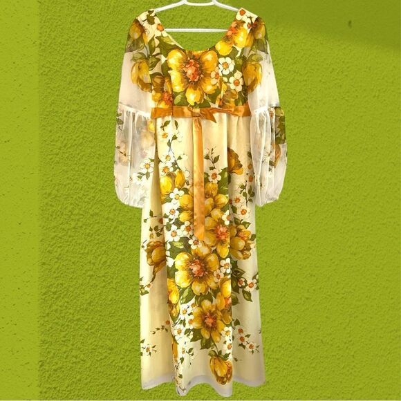 60s vintage Nu-Mode chiffon empire waist gown floral - Picture 4 of 16